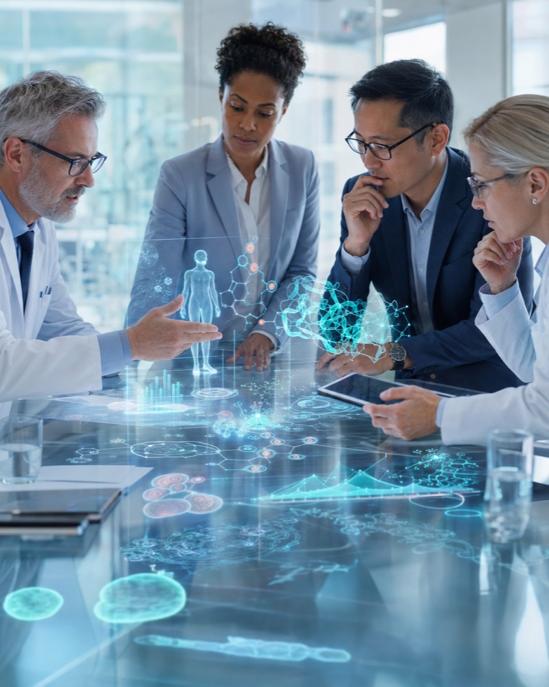 A scientific advisory team reviewing molecular and clinical data projected across a meeting table