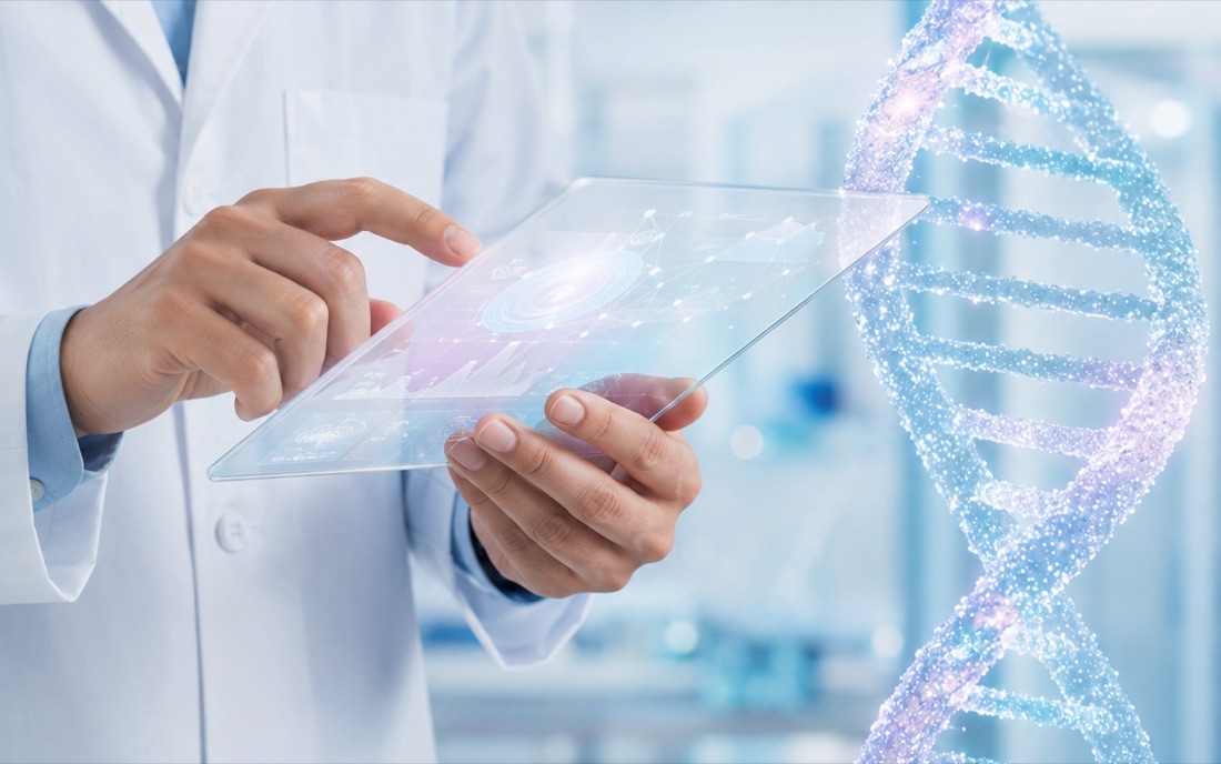 A clinician reviewing data on a transparent tablet beside an illustration of a DNA double helix