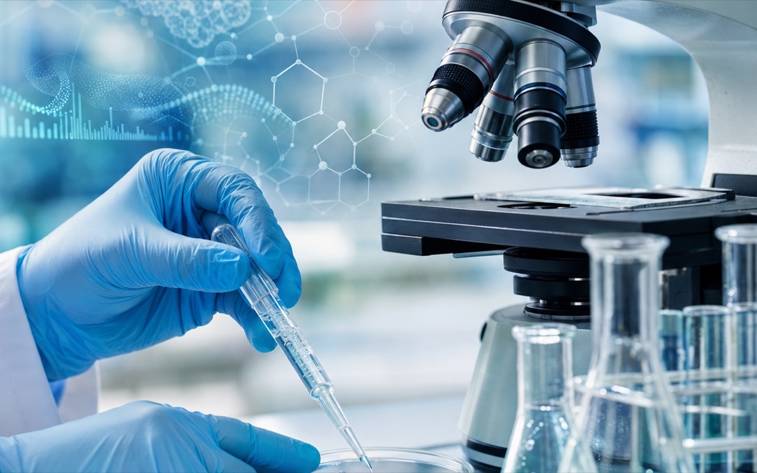 A researcher pipetting a sample into a petri dish beside a laboratory microscope, overlaid with molecular structure graphics