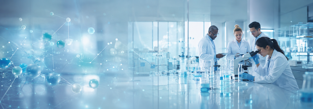 A research team at work in a bright laboratory, overlaid with a molecular network graphic